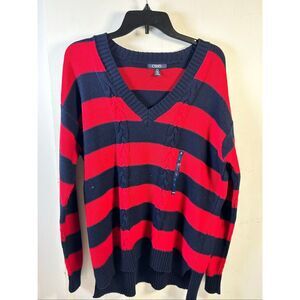 Chaps sweater large color block vneck  red black stripes rn#41381 unisex